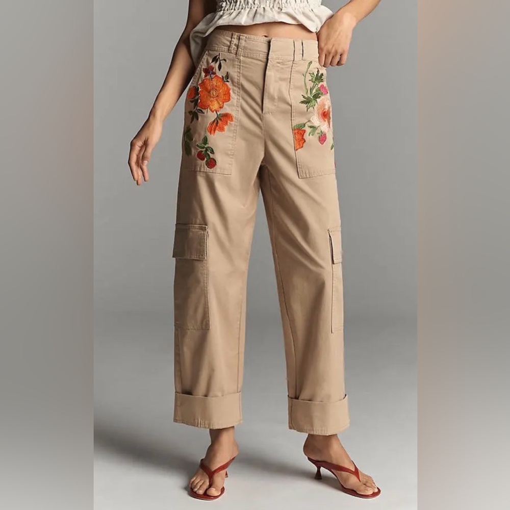 Anthropologie Embroidered Tan Cargo Pants